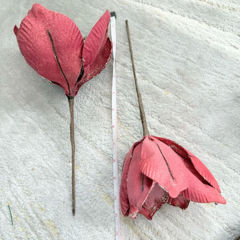 Velvet Pink Poinsettia Picks Gold Trim Holiday Decor Set of 5